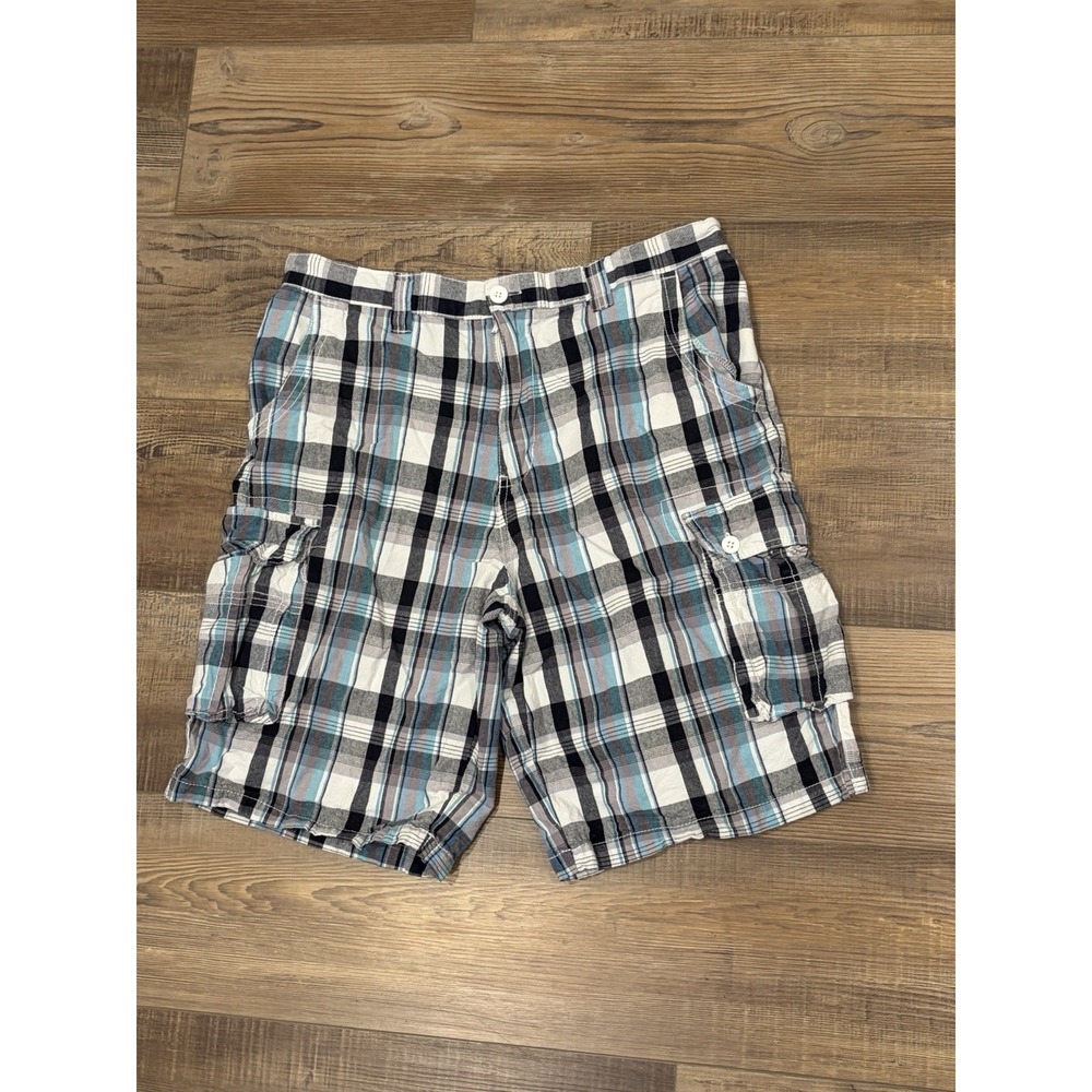 Airwalk Men's Y2K Plaid Cargo Blue Green Shorts Size 34 New Condition 10" Inseam